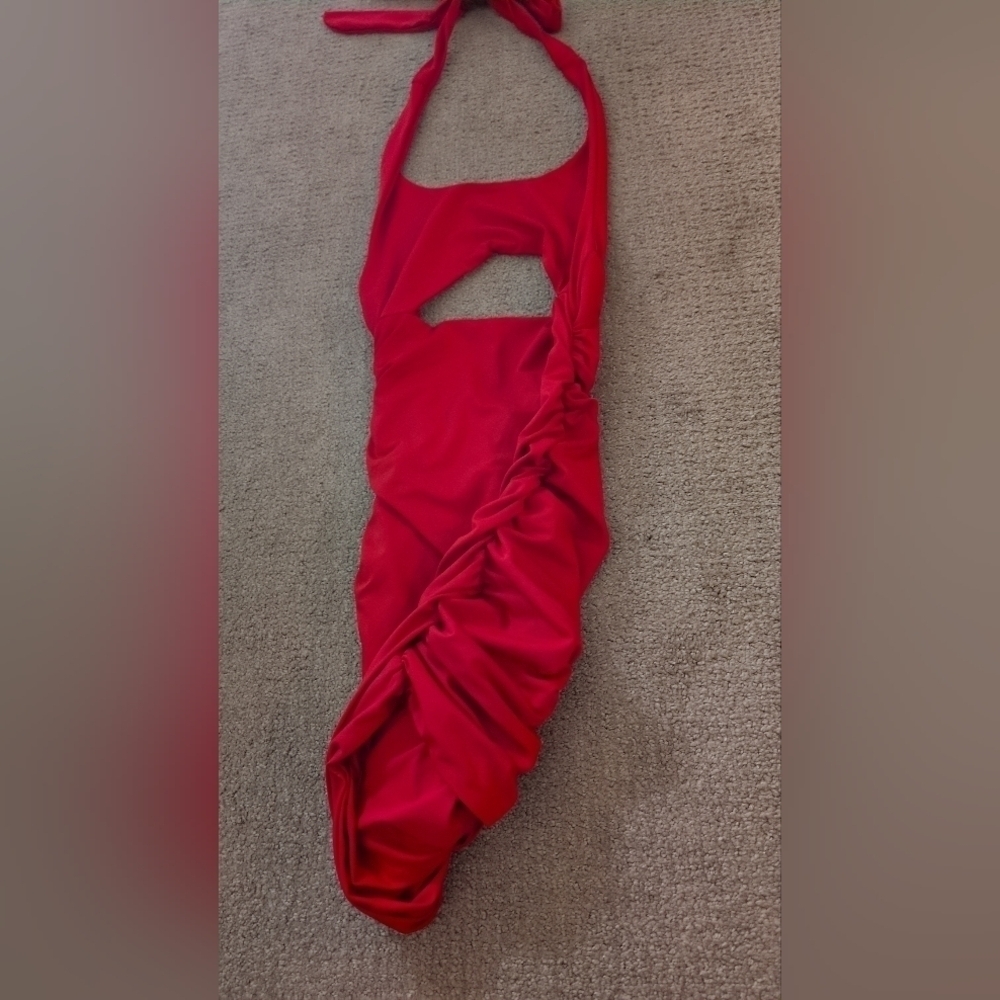 Women's Ruched Peek A Boo Center Red Bow Tie Swimsuit - Picture 3 of 5
